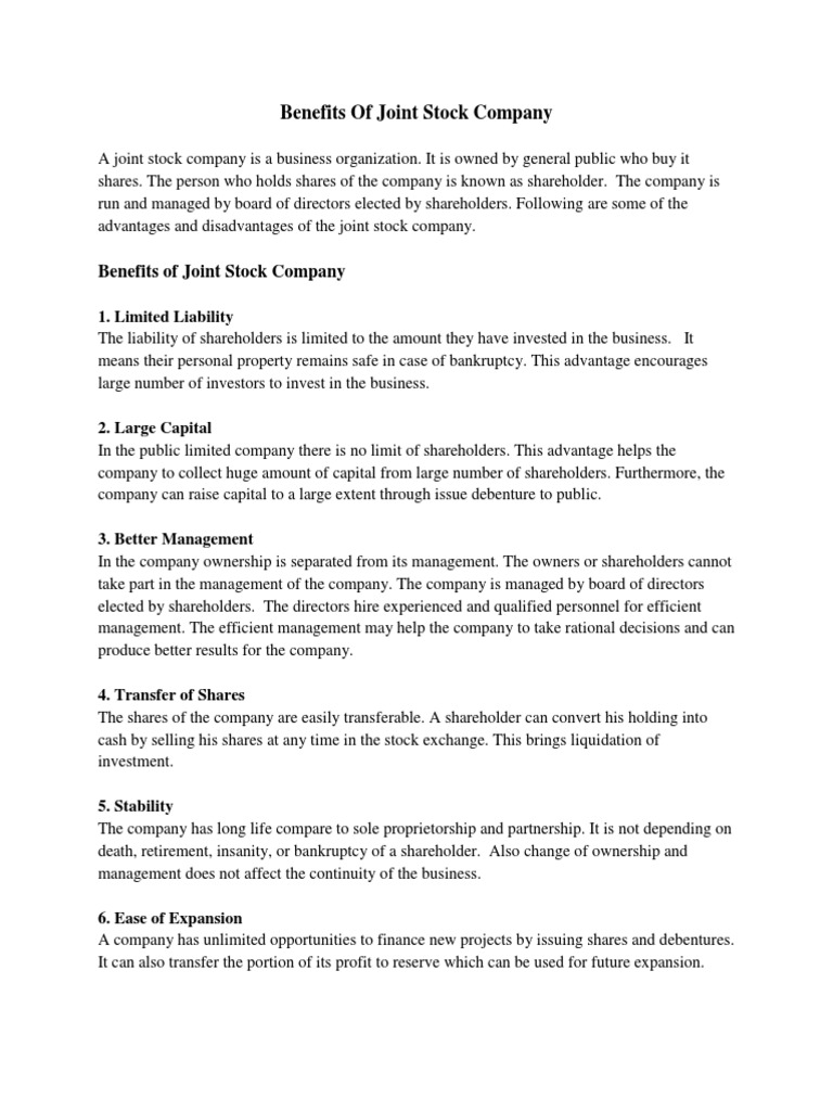 Benefits of Joint Stock Company PDF Joint Stock Company Stocks