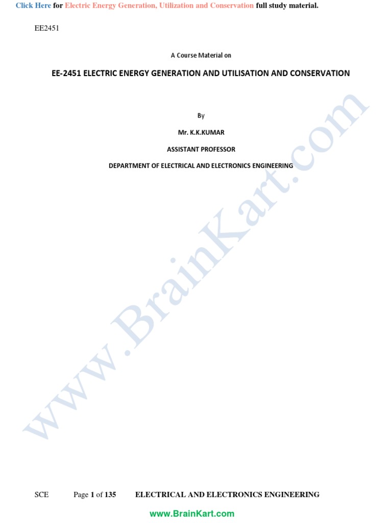 225 EE8015, EE6801 Electric Energy Generation, Utilization and Conservation Notes PDF PDF