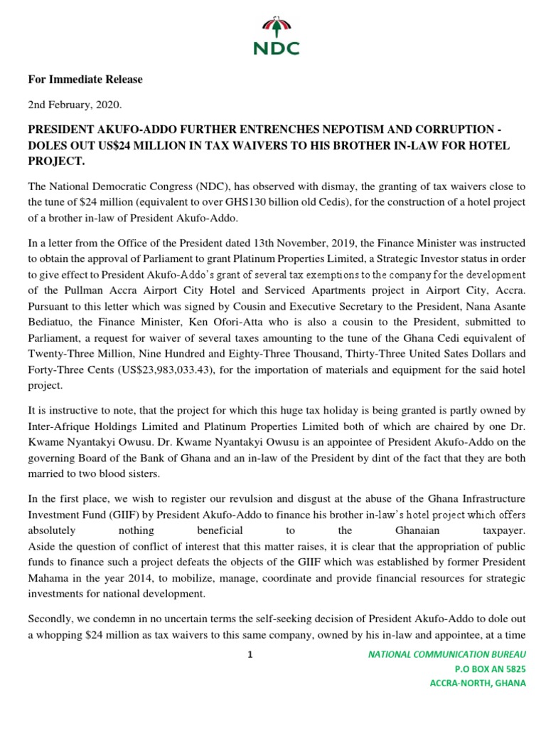 President AkufoAddo Further Entrenches Nepotism and Corruption Doles