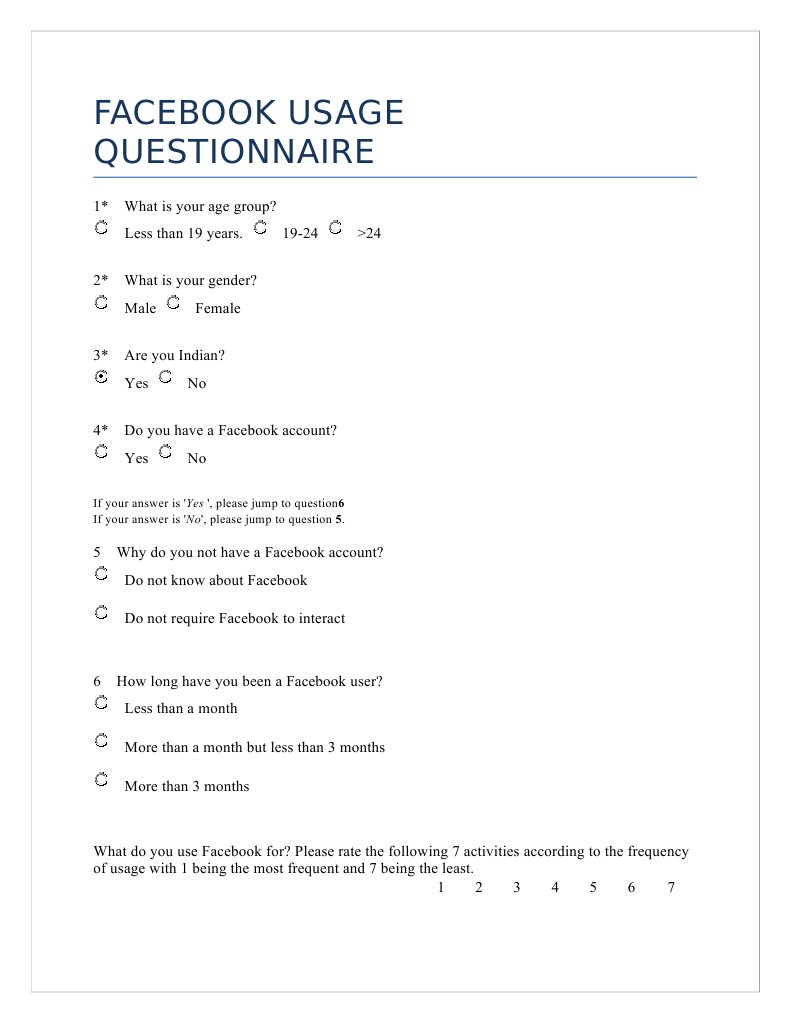 Facebook Usage Questionnaire Facebook Social Networking Service