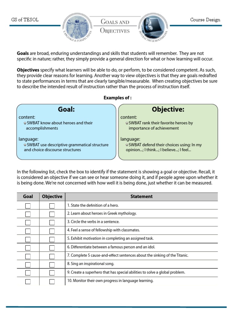 4 Goals Objectives Noun Adjective