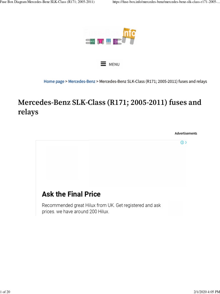 Fuse Box Diagram Mercedes-Benz SLK-Class (R171; 2005-2011) | Relay ...