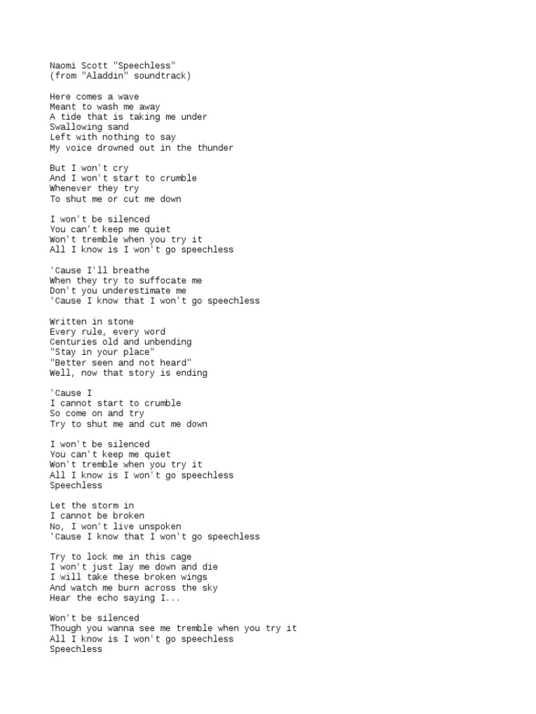 Speechless Lyrics By Naomi Scott PDF Poetry