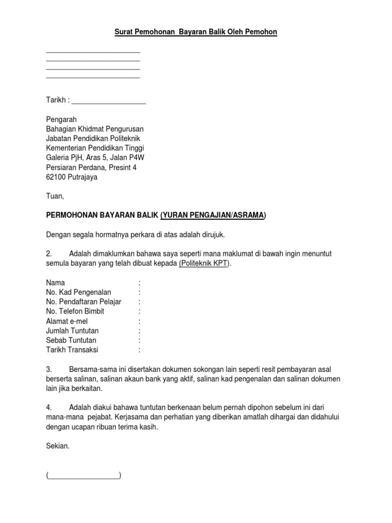 Contoh Surat Pengesahan Bayaran Ptptn