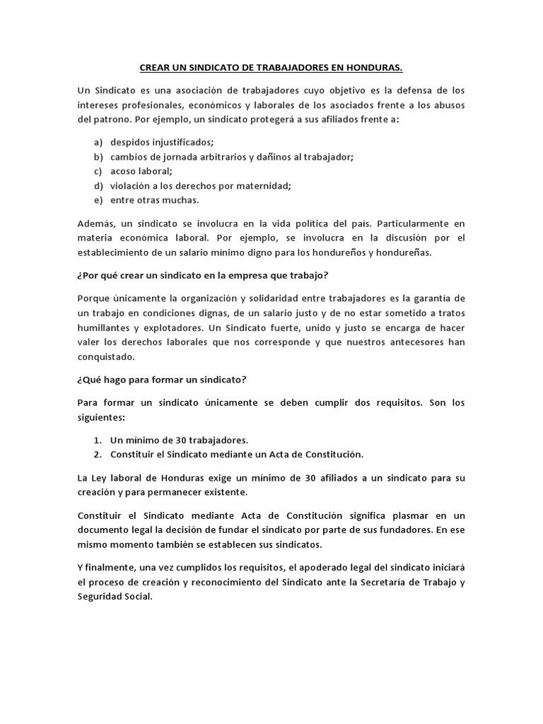 Requisitos para crear un sindicato en Honduras | PDF | Sindicato | Honduras