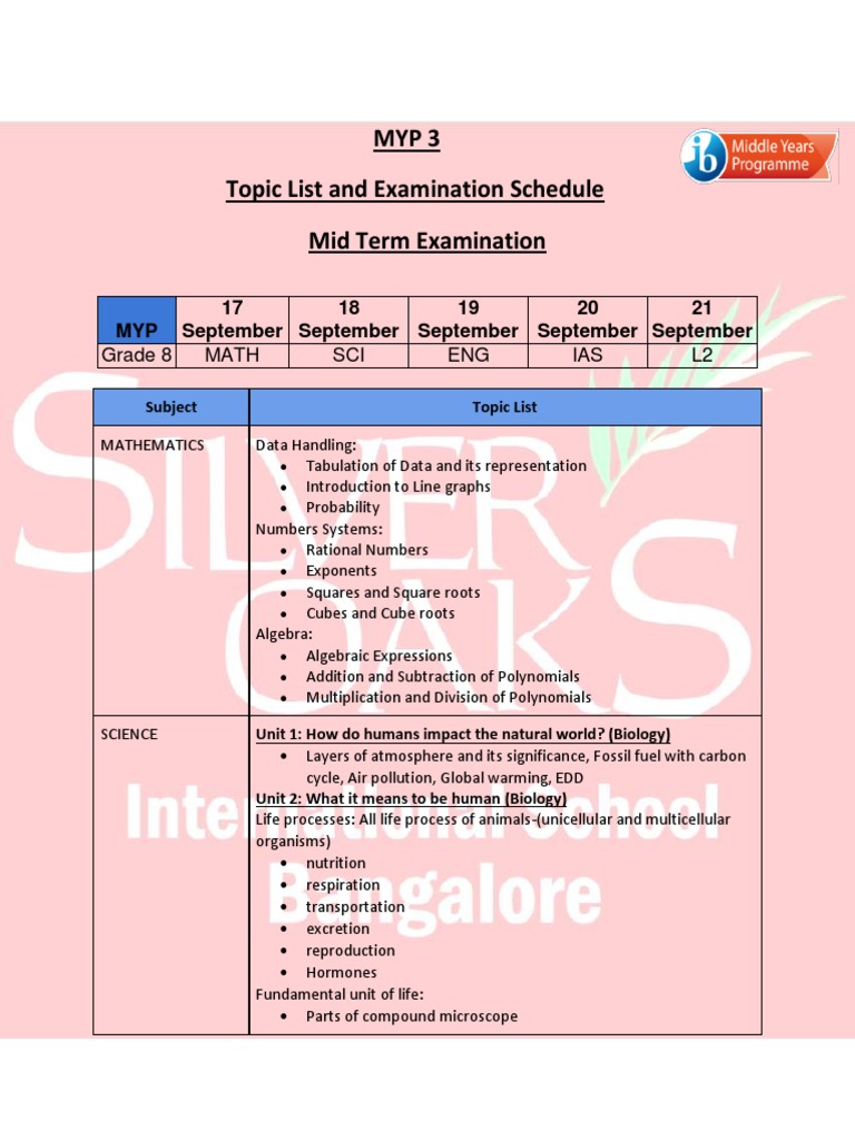 MYP 3 Midterm Exam Topics & Schedule | PDF | Cell (Biology) | Life