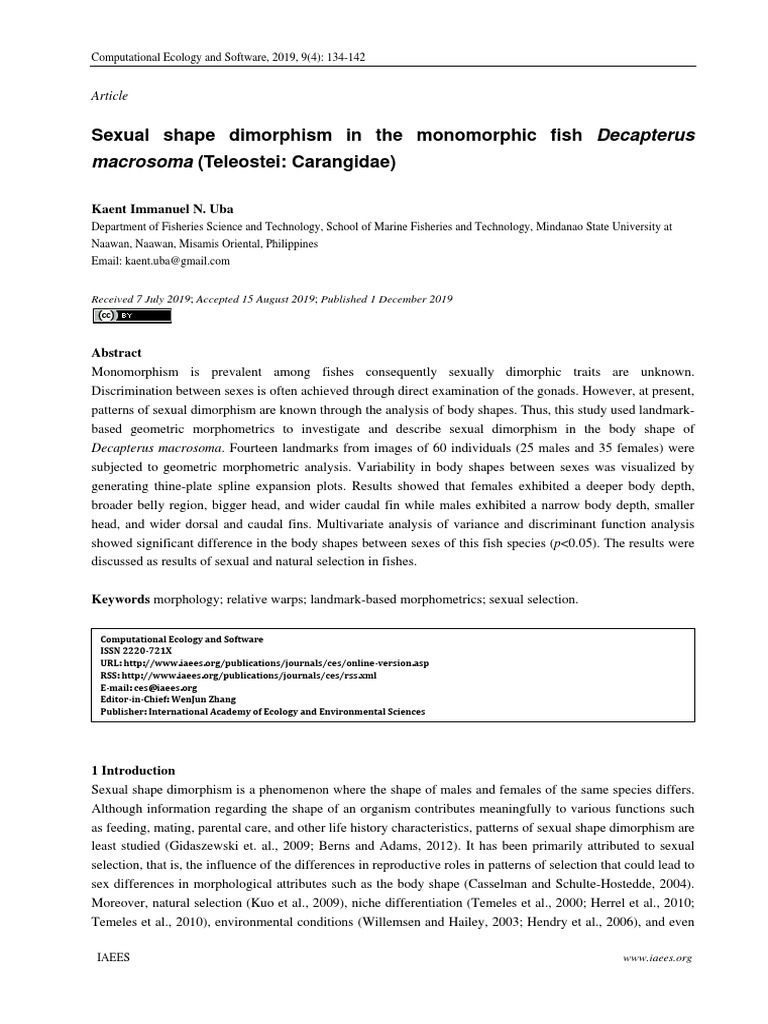 Investigating Sexual Shape Dimorphism in the Monomorphic Fish ...