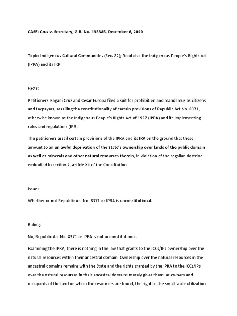 Cruz v secretary g r no 135385 december 6 2000 pdf