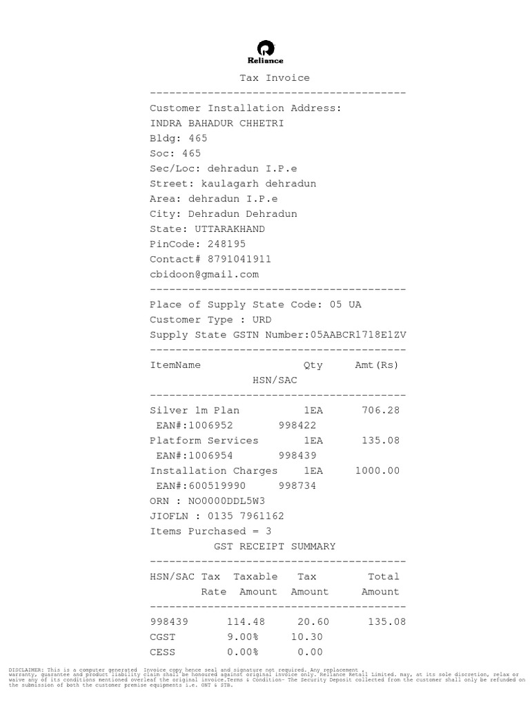 Jio Fiber Tax Invoice Template Taxes Services (Economics)