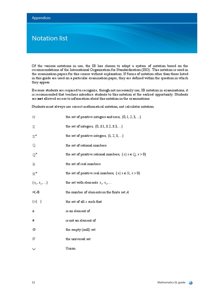 Mathematics SL Notation Guide | PDF | Set (Mathematics) | Derivative