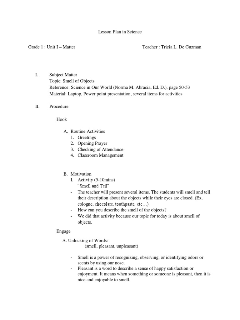 Lesson Plan in Science | PDF | Odor | Senses
