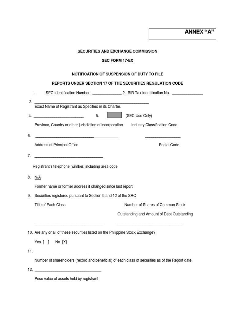 ANNEX A - SEC Form 17EX PDF | Download Free PDF | Securities (Finance ...