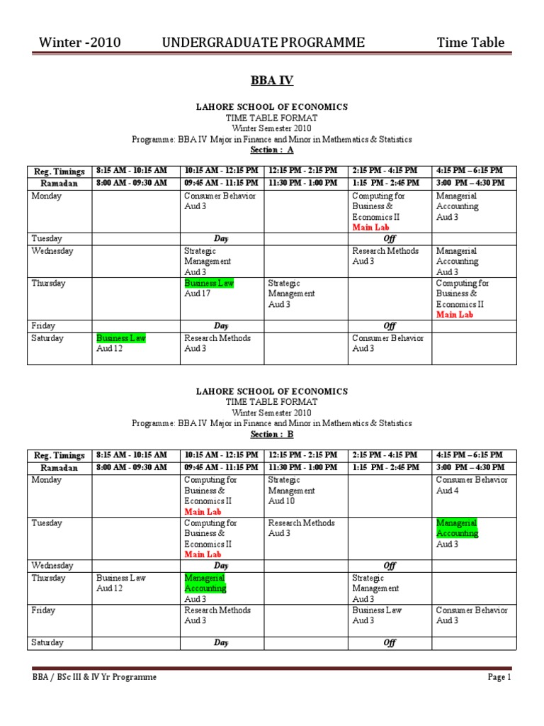 Winter - 2010 Undergraduate Programme Time Table | PDF | Business ...