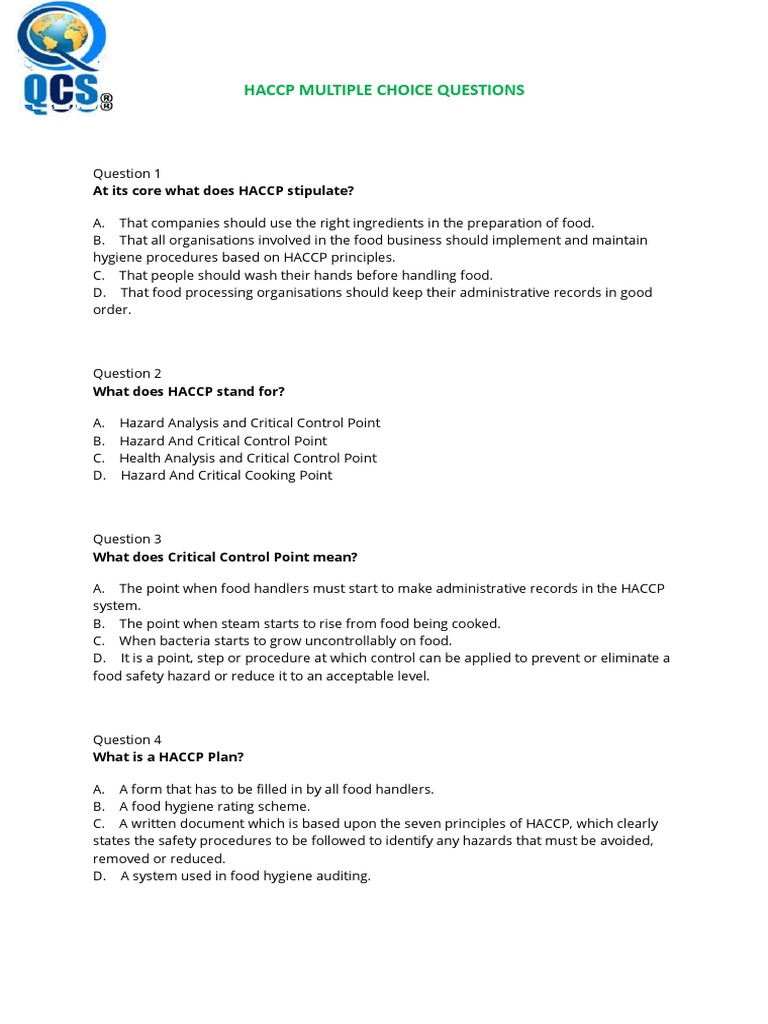 HACCP Multiple Choice Questions PDF Hazard Analysis And Critical Control Points Food Safety