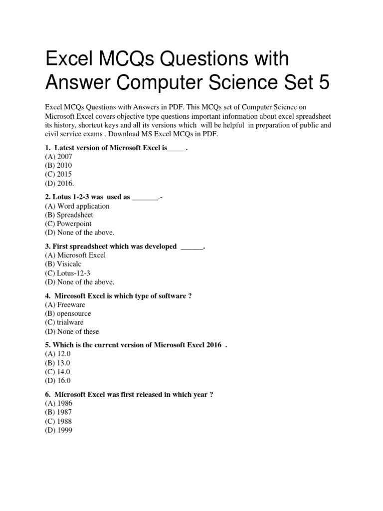 Excel mcqs questions with answer pdf proprietary software
