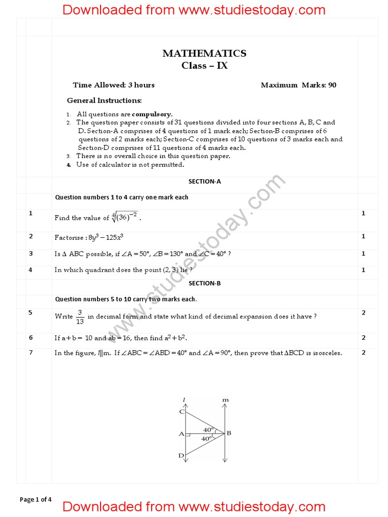CBSE Class 9 Mathematics Question Paper Set E PDF Area Triangle