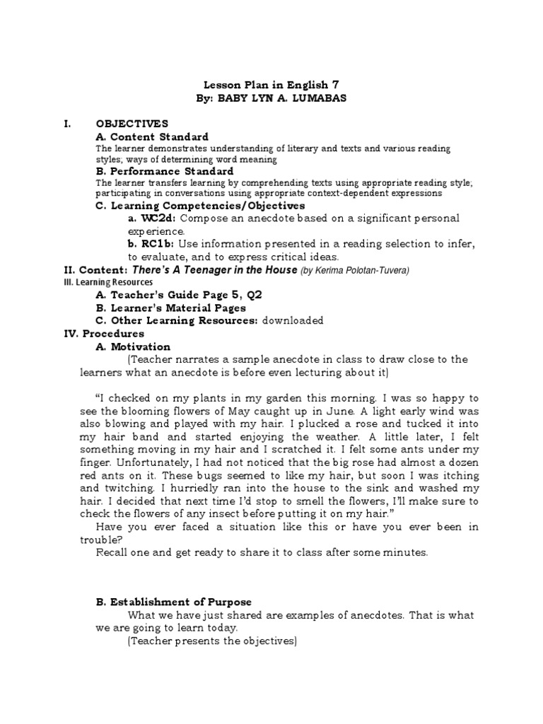 Teaching Anecdotes in English Class | PDF | Lesson Plan | Learning