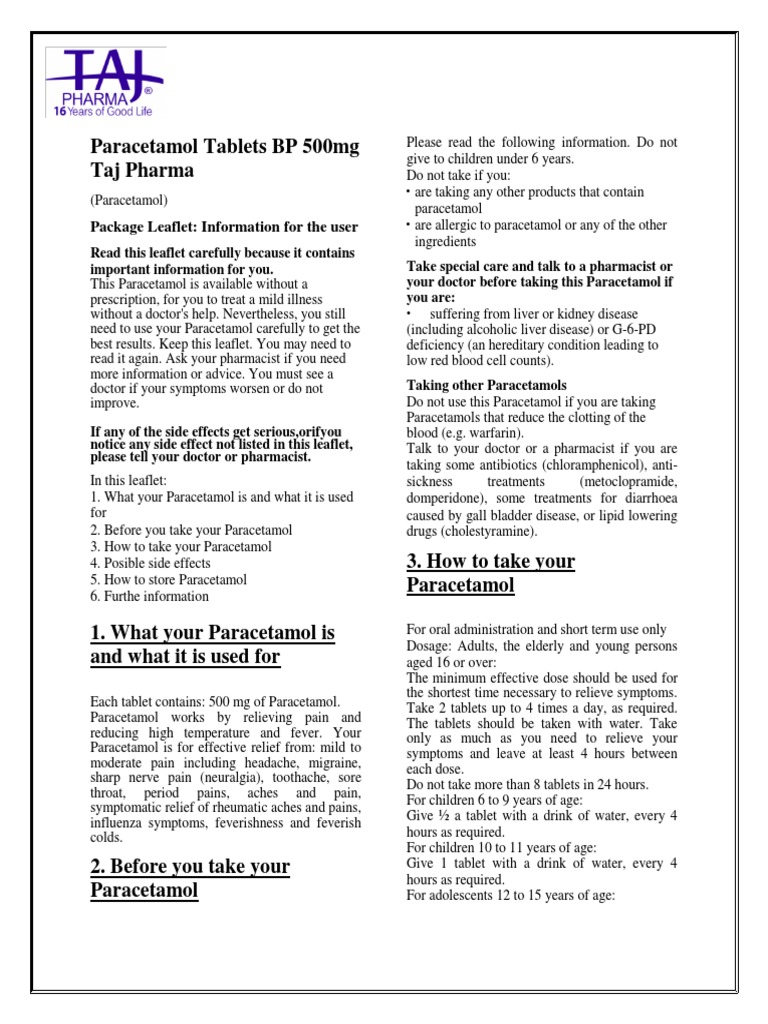 Paracetamol 500mg Dosage and Info | PDF
