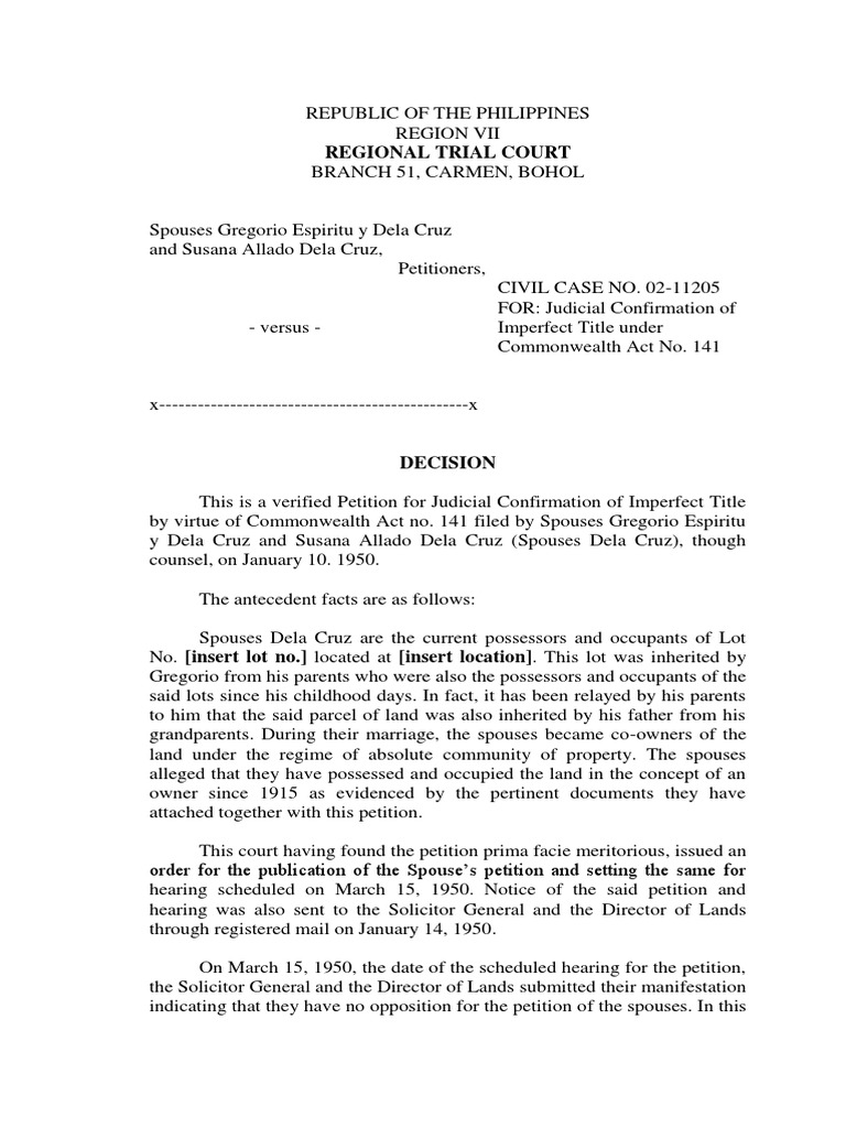 Judicial Confirmation of Imperfect Title PDF Title (Property