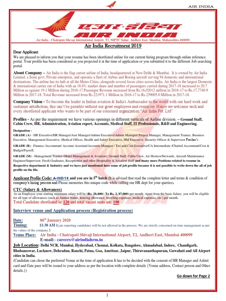 Air India (HRM) - Invitation Letter - 2 PDF | PDF | Airlines 