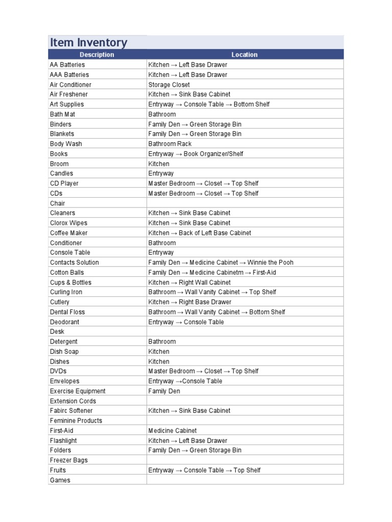 simple home inventory template - item inventory | Cabinetry | Kitchen