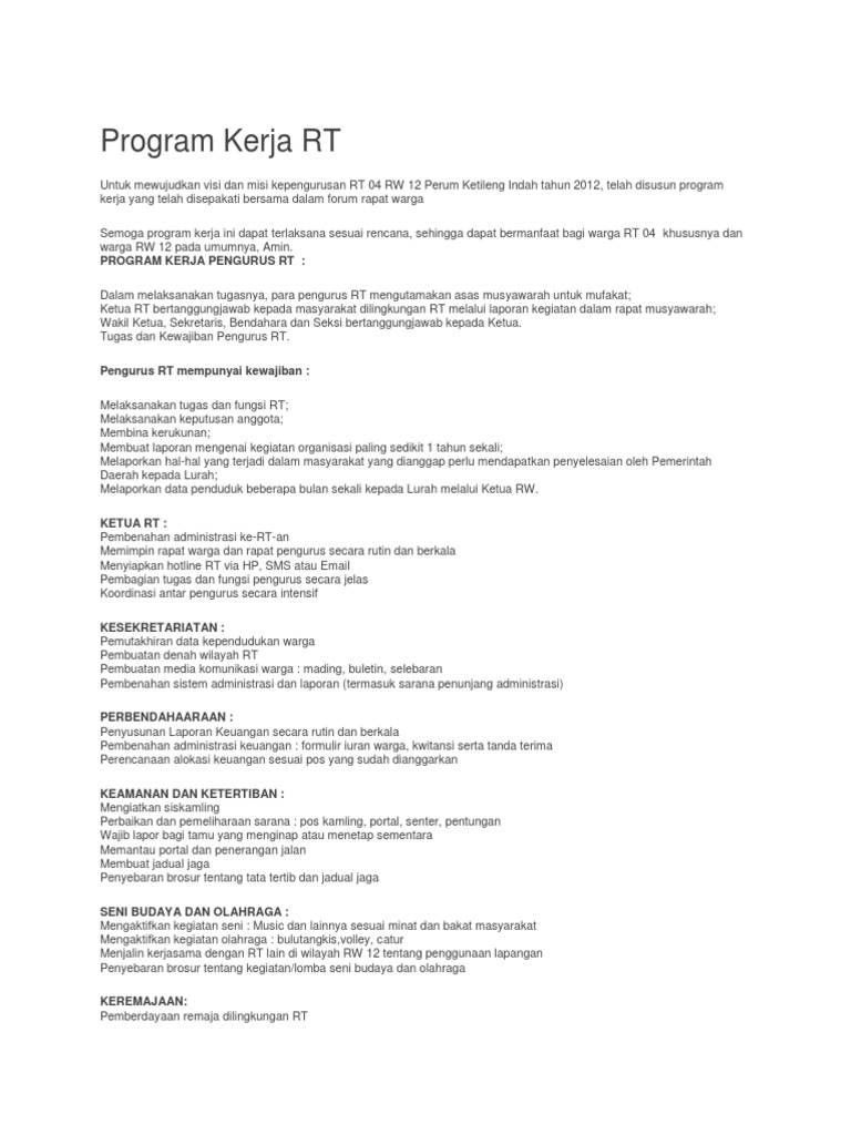 Program Kerja RT 04 RW 12 Ketileng Indah | PDF