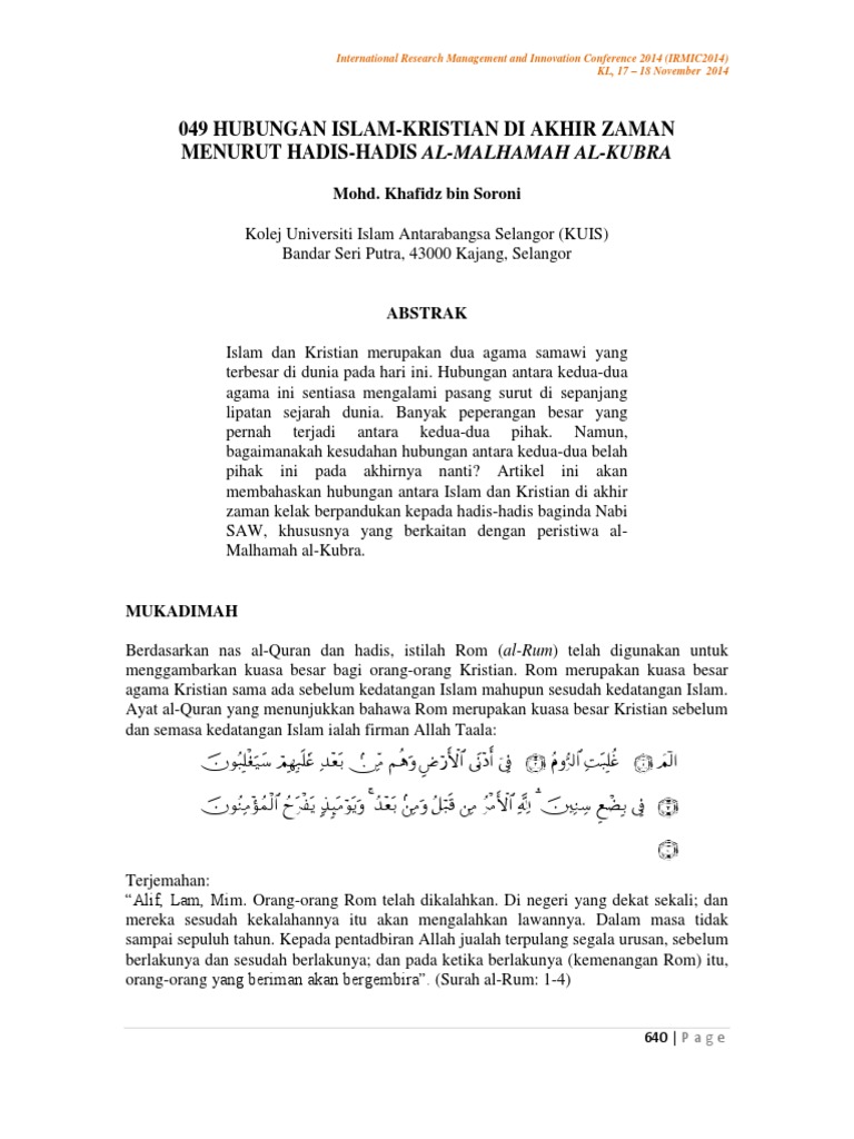049 Hubungan Islam Kristian Di Akhir Zaman Menurut Hadis Almalhamah Alkubra Pdf