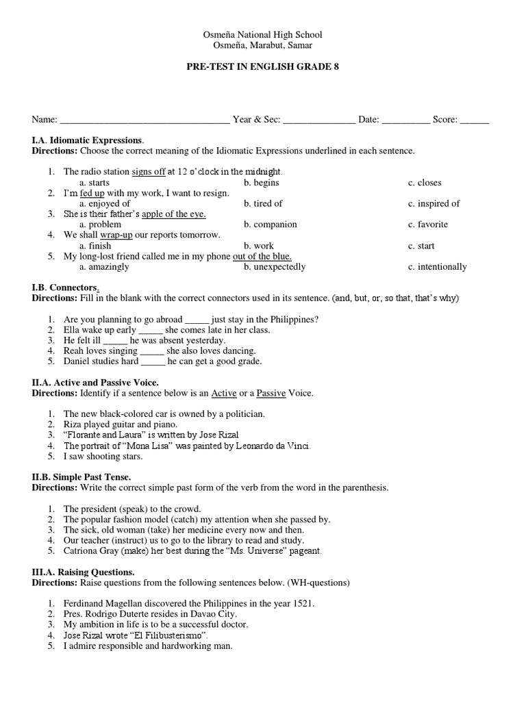 Pretest in English 8 PDF Question Language Mechanics