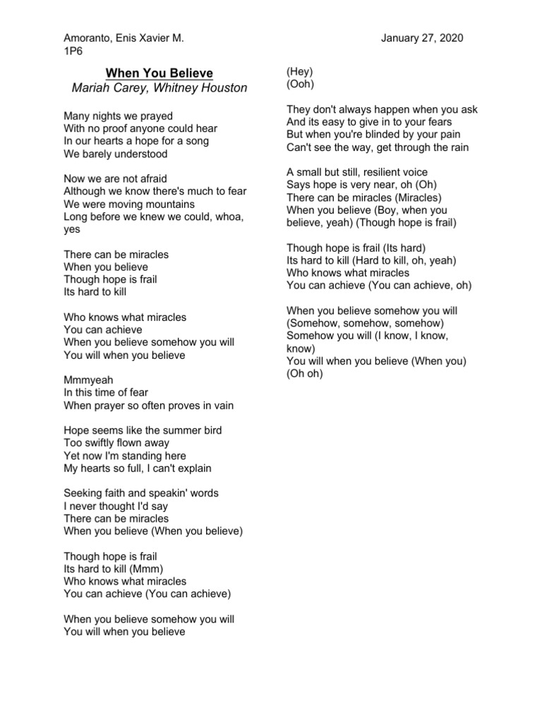 When You Believe Lyrics Analysis | PDF