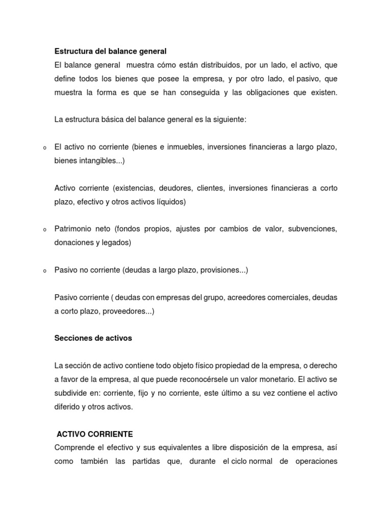 Estructura del Balance General | PDF | Hoja de balance | Liquidez de ...