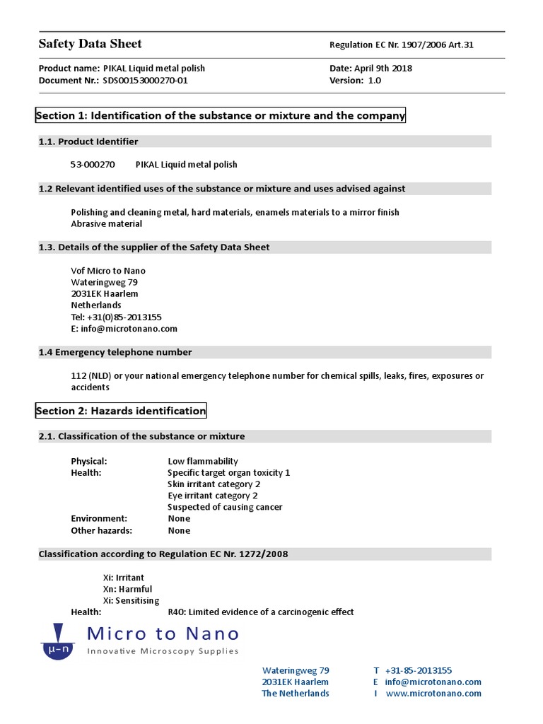 SDS0015300027001 PIKAL Liquid Metal Polish PDF Toxicity