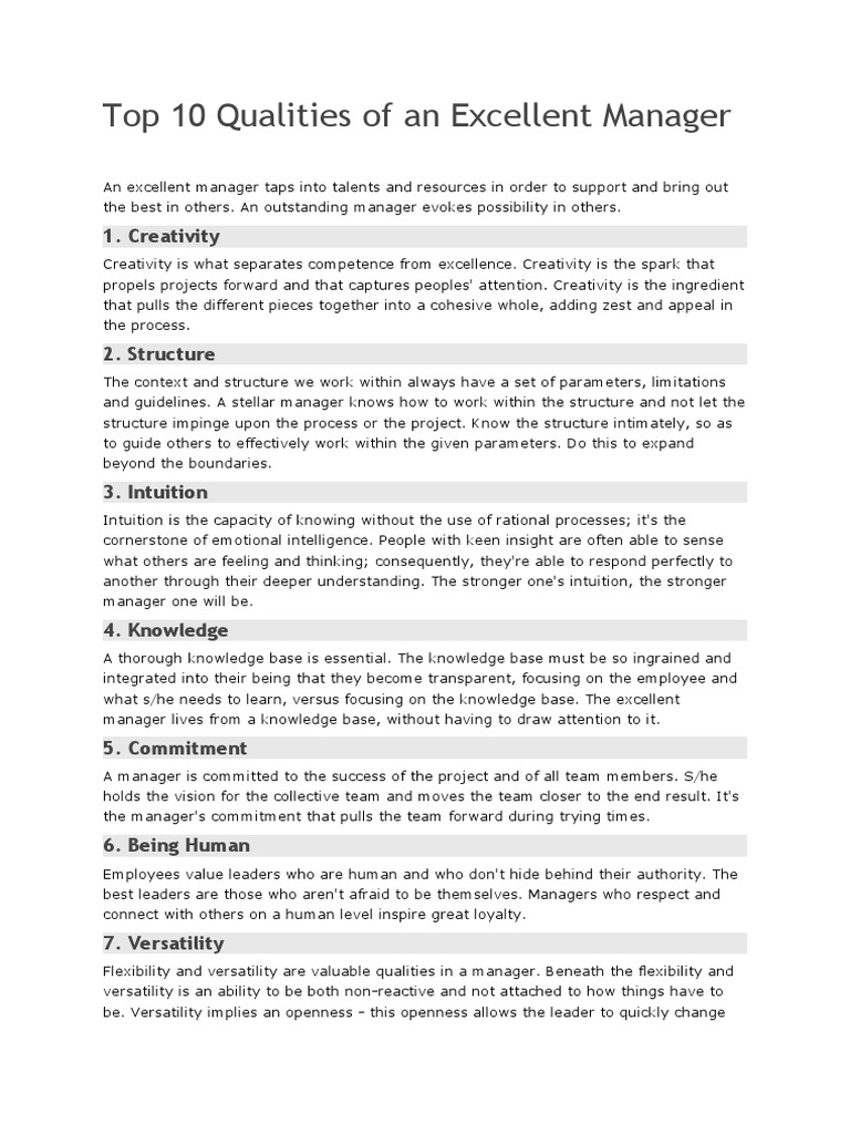 Top 10 Qualities of Excellent Managers | PDF | Creativity | Intuition