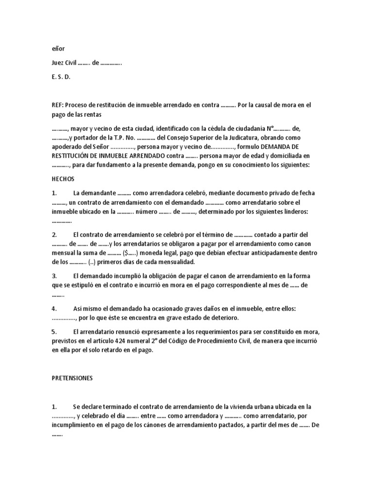 Demanda de Restitución de Inmueble Arrendado | PDF | Alquiler | Gobierno