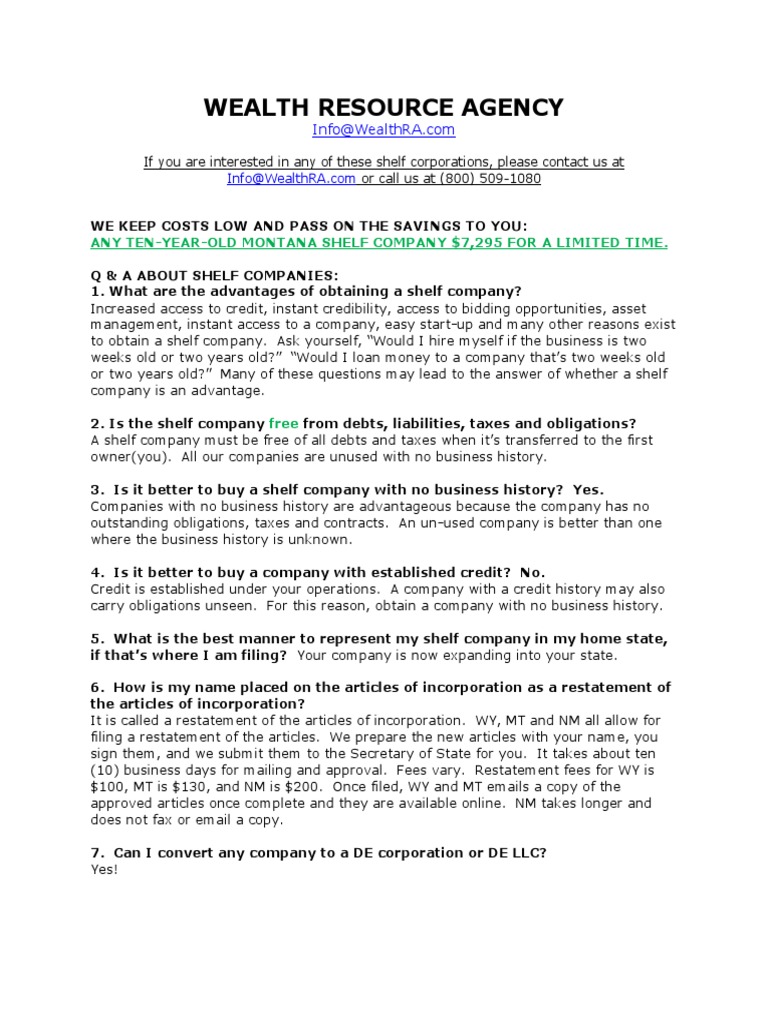 List of Shelf Corps For WealthRA site PDF Credit Finance