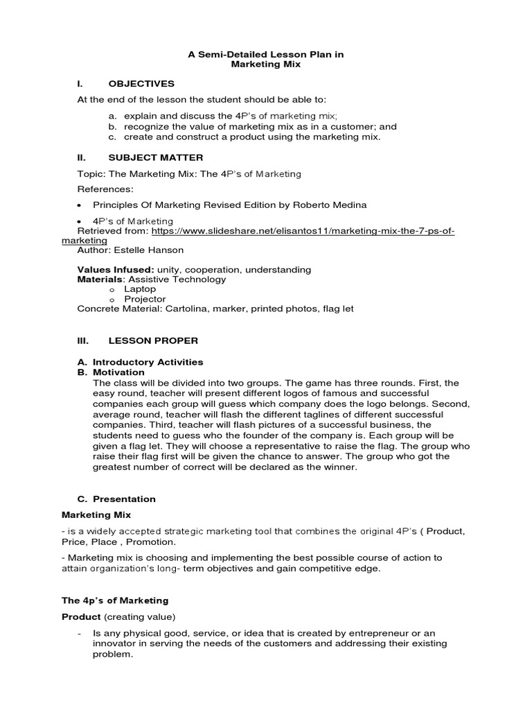 Marketing Mix Lesson Plan: The 4Ps | PDF | Sales | Marketing