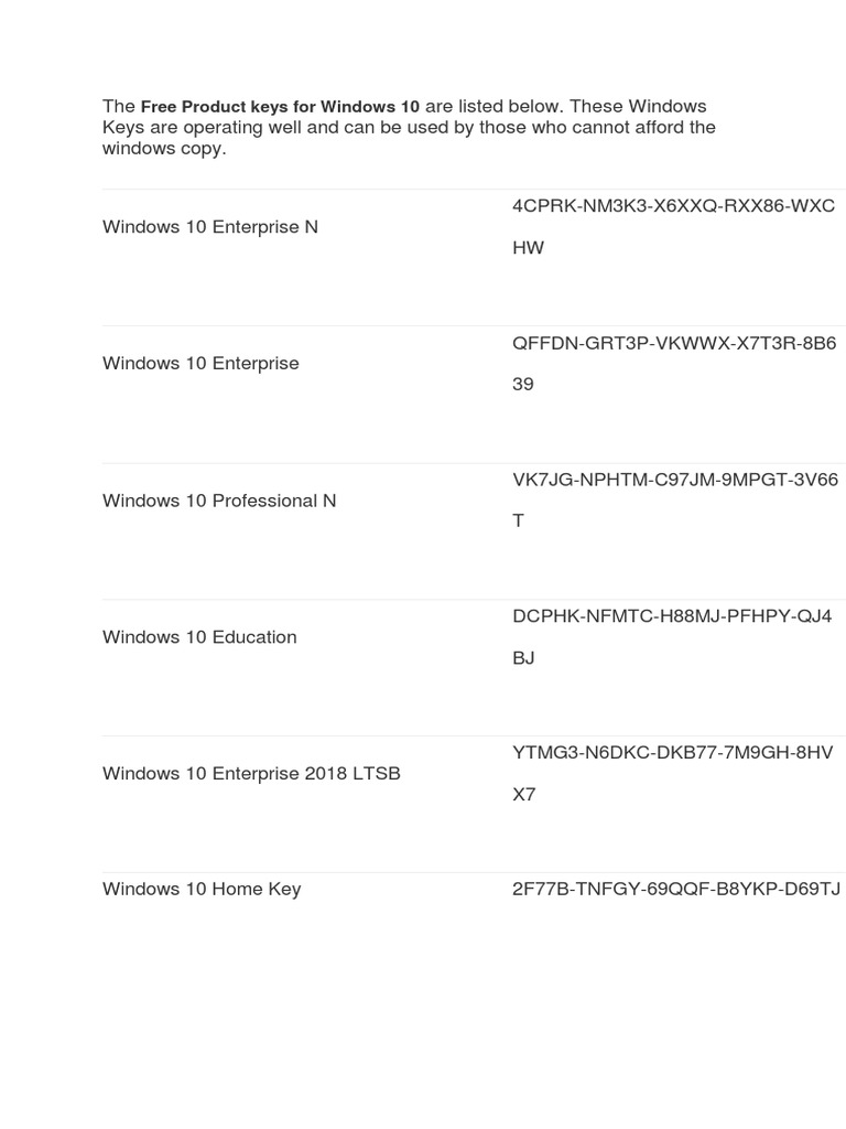 Free Windows 10 Product Keys List | PDF | Windows 10 | Windows Nt