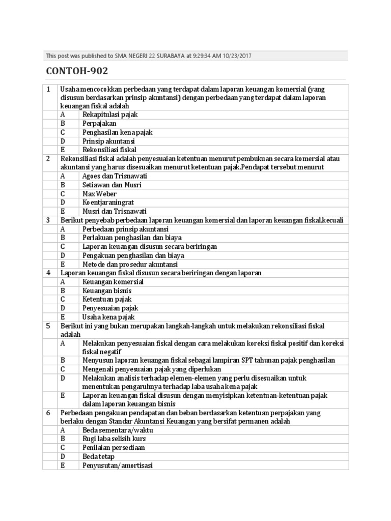 Soal Pilihan Ganda Rekonsiliasi Fiskal