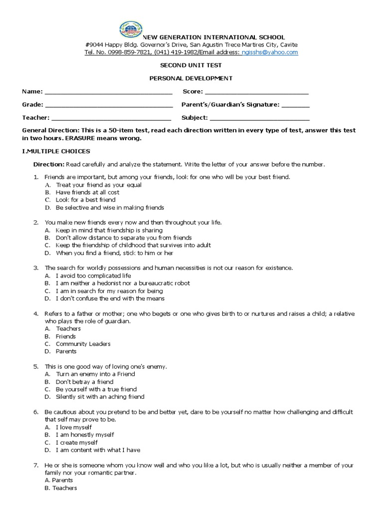 2nd Monthly Exam: Personal Development | PDF | Friendship ...