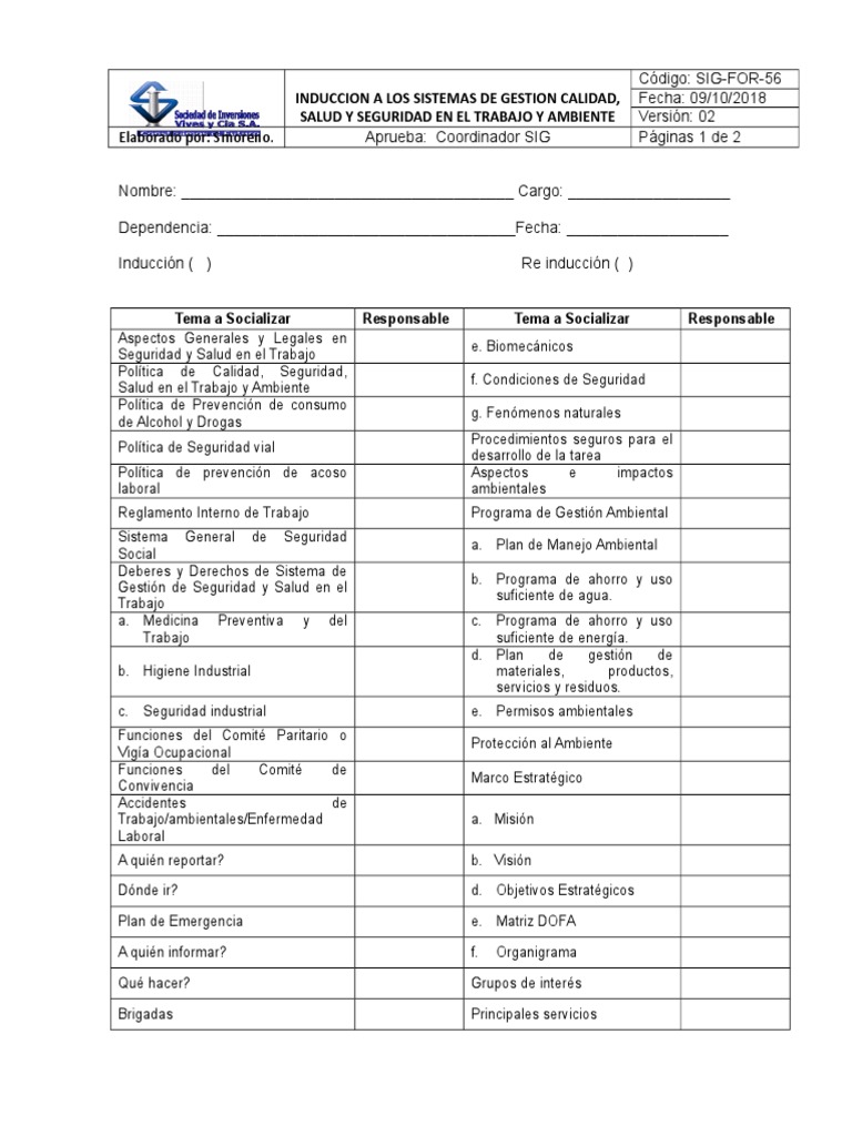 Inducción a Sistemas de Gestión SIG | PDF | Seguridad y salud ...