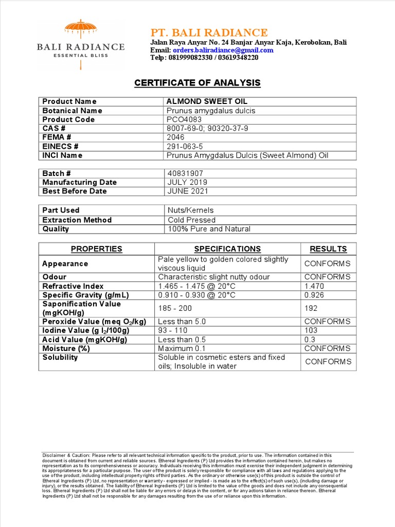 AlmondSweetOil COA 1567259544 PDF Almond Mercury (Element)