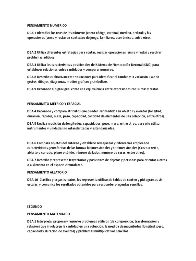 Matemáticas para Primer Grado DBA | PDF | Números | Medición