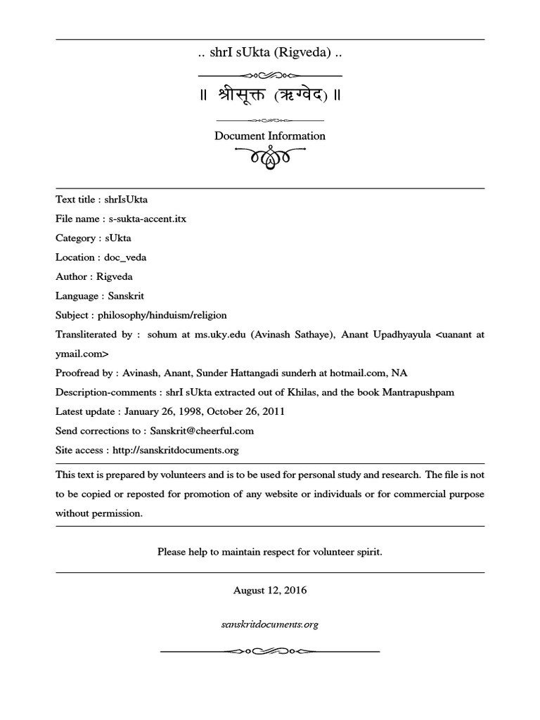 Sri Suktam - Sanskrit - Rig Veda PDF | PDF