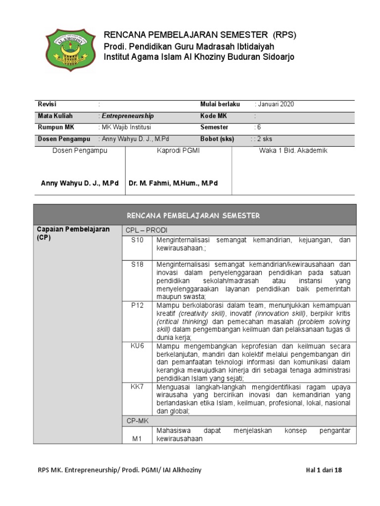 RPS Kewirausahaan PGMI IAI Alkhoziny | PDF | Karier & Perkembangan