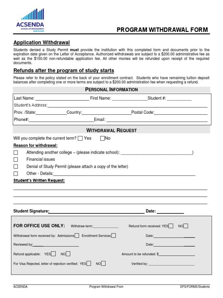 Program Withdrawal and Refund Form | PDF | Credit Card | Fee