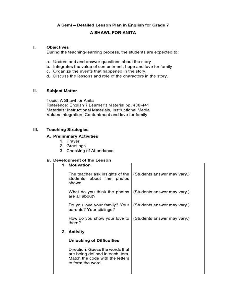 Grade7A Shawl For Anita PDF Reading Comprehension Communication