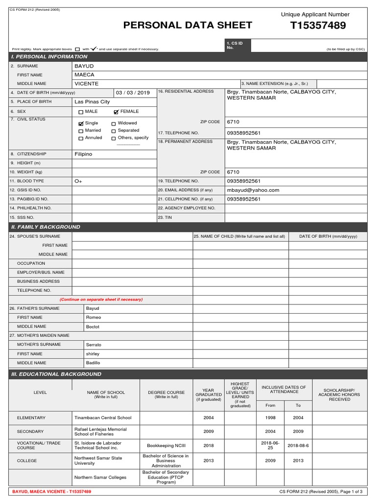 Personal Data Sheet for Civil Service Application PDF Government