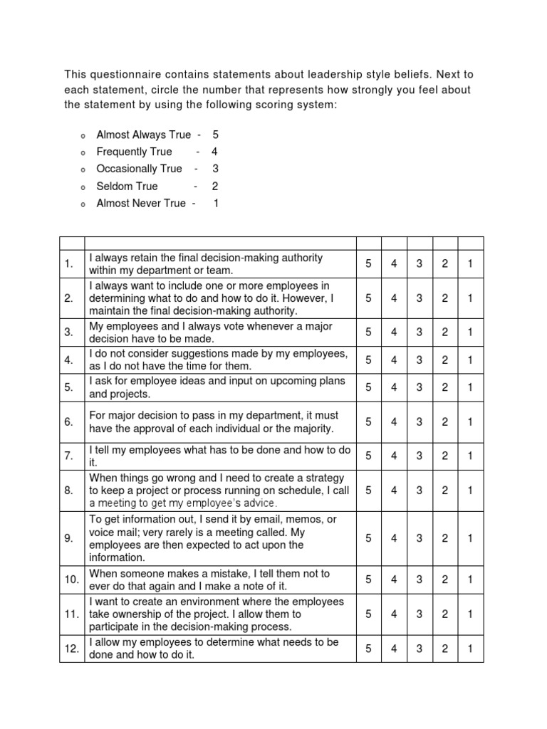 Leadership Style Assessment Questionnaire | PDF | Leadership | Decision ...