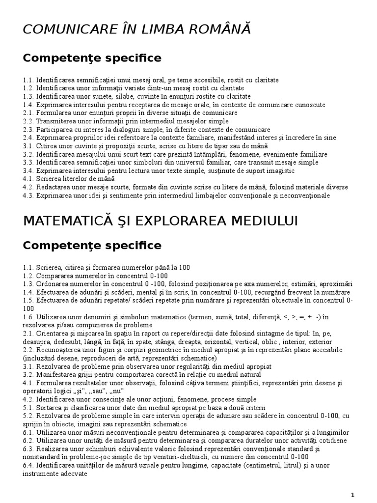 Competente Specifice Clasa I | PDF