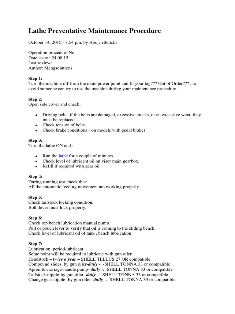 Lathe Preventative Maintenance Procedure | PDF | Switch | Mechanical ...