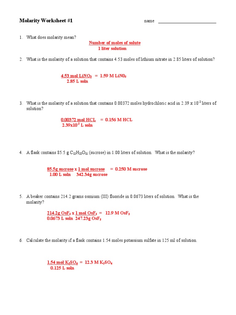 Molarity Worksheet 1 Answer Key